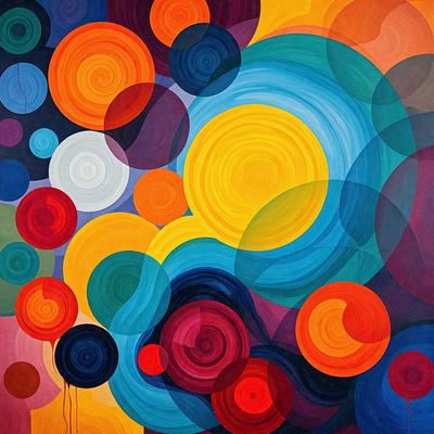 The primary subject of the image is a colorful painting featuring a variety of circles and swirls. The setting is a canvas, and the visual style is a mix of digital art and illustration. The dominant colors in the painting are blue, yellow, and orange, creating a vibrant and lively atmosphere.